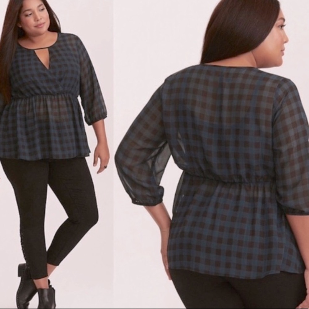 Sheer Black and Green Plaid Peplum Style Top 💄